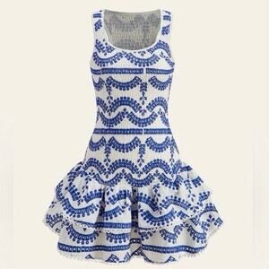 Commense Embroidered Ruffled Sleeveless Mini Dress White  blue crochet sz L